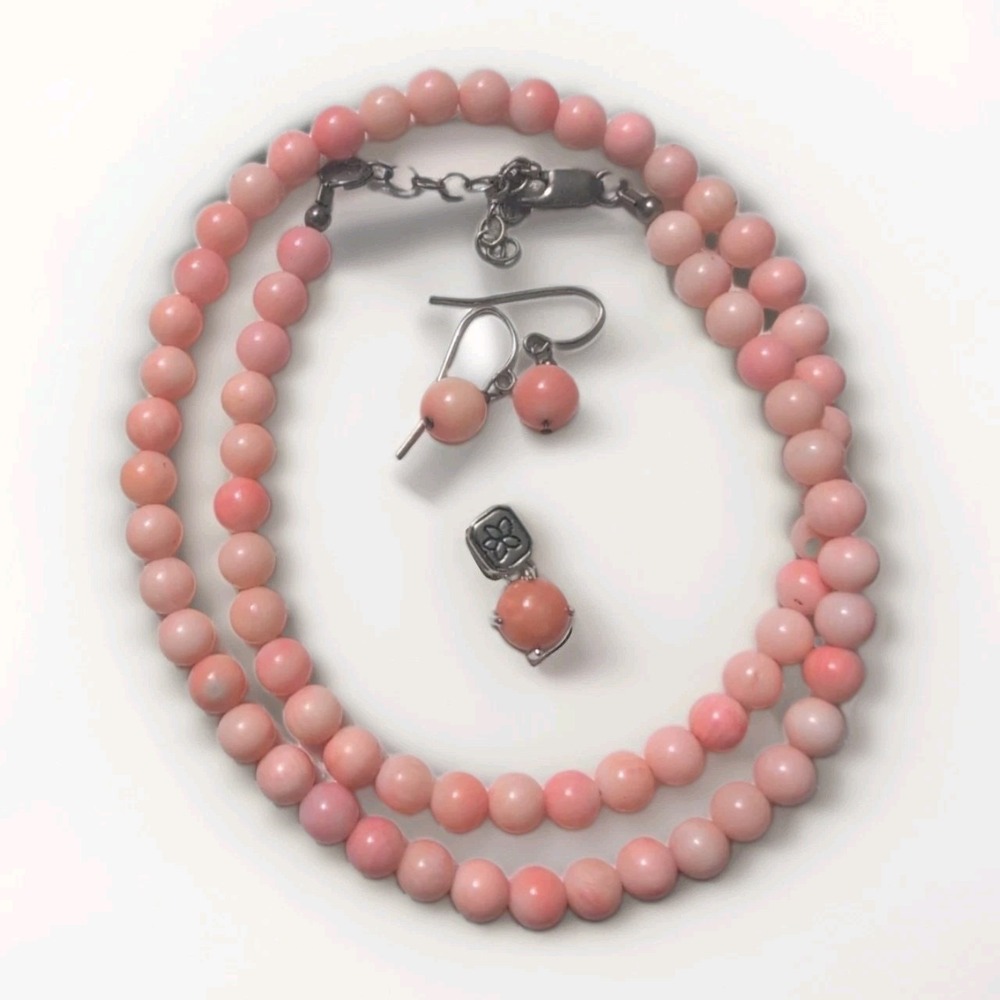 Vtg Sterling 925 Angel‎ Skin Pink Coral Beaded Necklace, Charm, Earrings 3pc Set